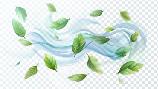 Flowing blue wind, air swirls, and waves with flying green leaves. Isolated fresh wind motion with mint leaves, modern illustration.