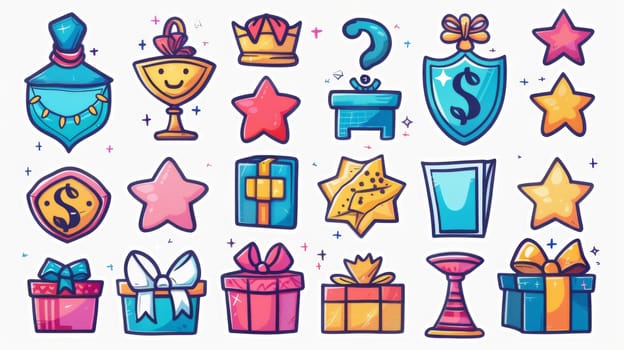 Gift box with bonus, coins, bills, crown, star and mystery closed present with question sign. Blue wrapping paper and bows. Cartoon icon set of game, draw, surprise, and money award.