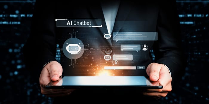 Human interact with AI artificial intelligence virtual assistant chatbot in concept of AI artificial intelligence prompt engineering, LLM AI deep learning to use generative AI for work support. NLP