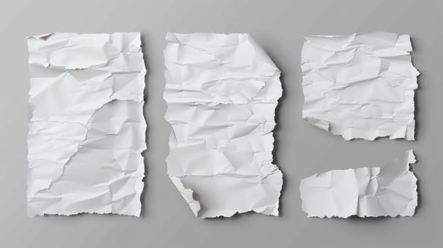 Modern realistic illustration of torn and ripped paper scraps isolated on a gray background. White ripped and crumpled notes and scraps. Blank paper pieces.