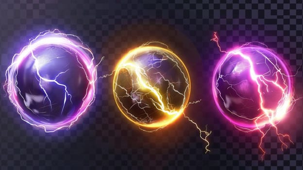 The modern realistic set of lightning balls and electric energy bolts contains sparking purple and yellow flashes of thunderbolt impact, isolated on transparent background.