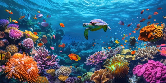 A sea turtle glides through the clear blue waters of a coral reef teeming with colorful marine life and diverse coral formations. Resplendent.