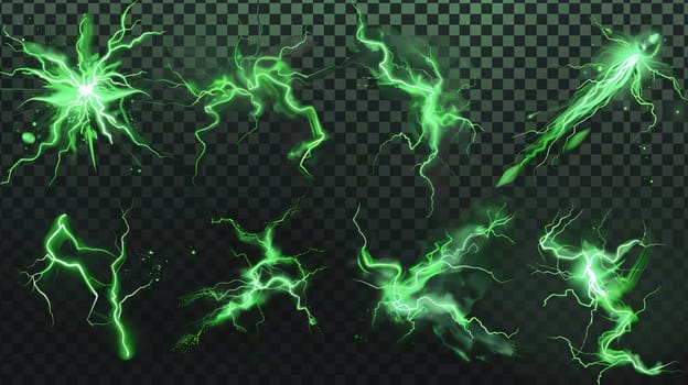 Thunderbolt discharges, lightning strikes, and electric strikes isolated on transparent background. Set of magic sparking, electric impact effects, modern realistic illustration.