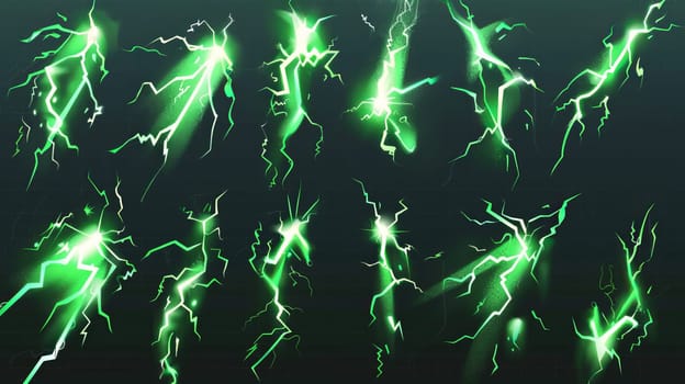The modern realistic illustration depicts a set of green lightning, electric strikes, thunderbolt discharges on a transparent background.