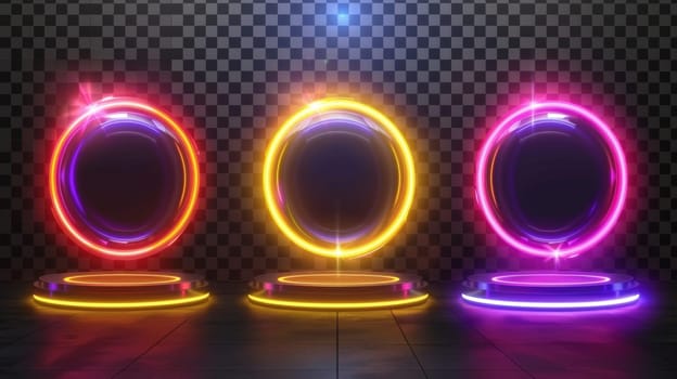 On transparent background, futuristic neon portals painted in yellow, red, purple, blue. A realistic modern illustration of round square holographic gates.