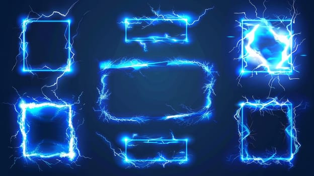 Thunderbolt frames with electric blue borders in rectangular and square shapes. Isolated photoframes with flashing energy flashes.