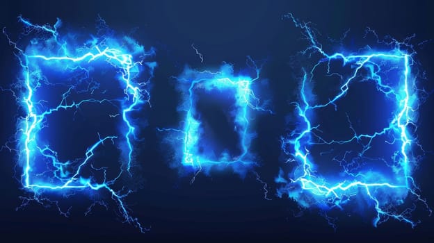 Lightning frames with blue electric borders or rectangular and square shapes with thunderbolt effects. Isolated photoframes with magic energy flash and realistic 3D modern bolts.