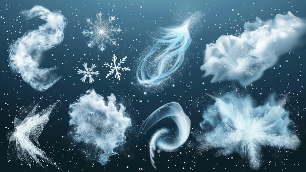 Winter wind with snowflakes and ice particles. Modern realistic set on transparent background with white clouds with snowflakes and ice particles.