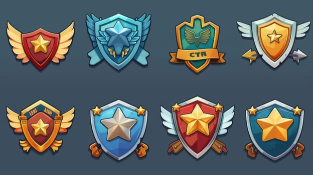 The level achievement icons are decorated with wings on these military game ranking badges with star insignias. A modern cartoon illustration of award medals with stone, iron, silver, and gold