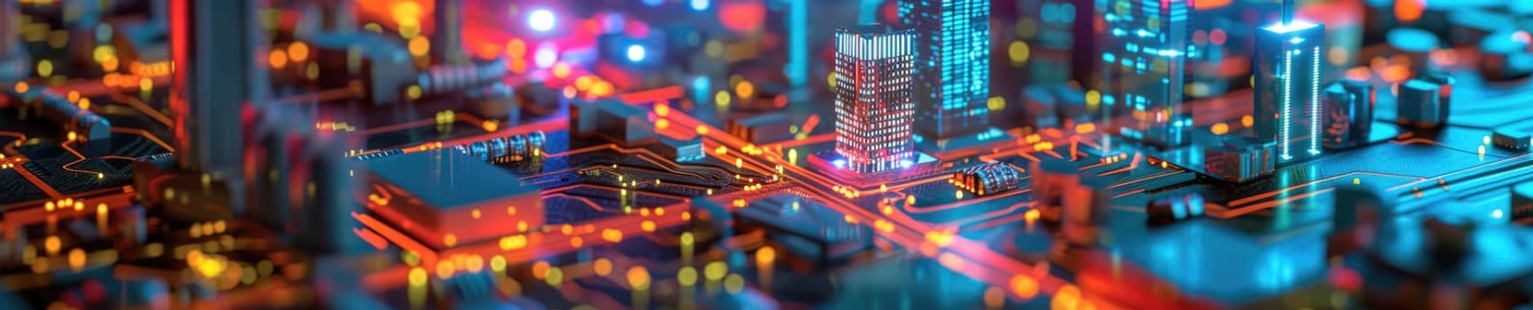 A conceptual visualization of a smart city with glowing structures on a digital circuit board, symbolizing urban technology integration concept. AIG41