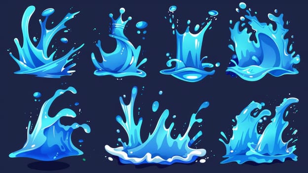 Blue water motion effects, flows, streams, spills and crown shape isolated on a background. Modern cartoon set of liquid water splashes, falling drops, sea waves, and swirls.