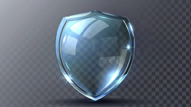 Isolated modern illustration of a 3D shield dome glass sphere on black background. Defense technology guard plastic case with hexagon mesh.