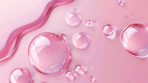 Illustration of realistic serum drops on pink surface with gel, oil, collagen, jelly, water texture and glossy surface. Cosmetic beauty care product with hyaluronic acid.