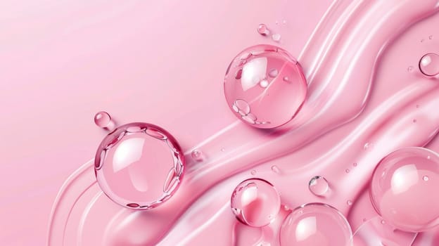 Modern illustration of real serum drops on pink background. 3D liquid blobs with gel, oil, collagen, jelly, and water textures and glossy surfaces. Cosmetic beauty care product.