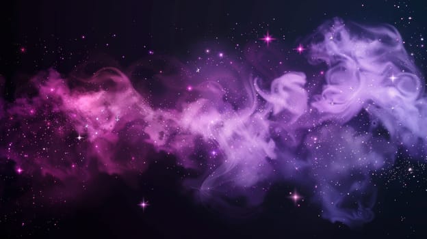Modern illustration of dark night sky with pink and purple mist clouds and sparkles and glitter dust texture. Fantasy galaxy background with realistic abstract smoke.