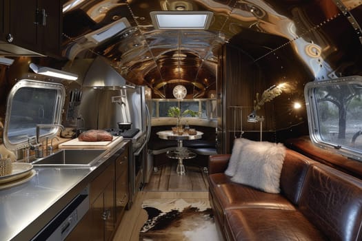 A designer steel interior inside a mobile home. The concept of a comfortable journey.