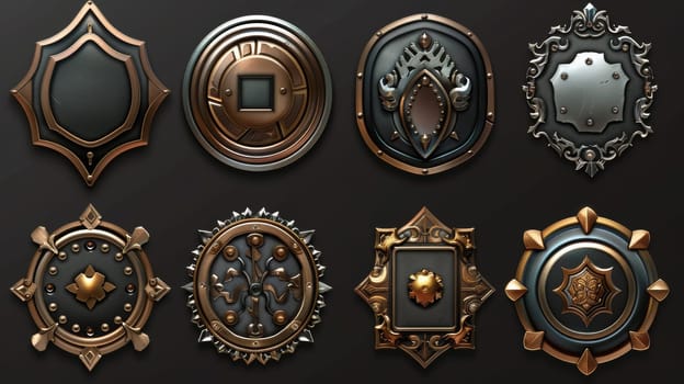 A set of art deco buttons isolated on black background. A realistic modern illustration of a luxury UI frame consisting of bronze, golden, and silver metal. A border to be used for sprites.