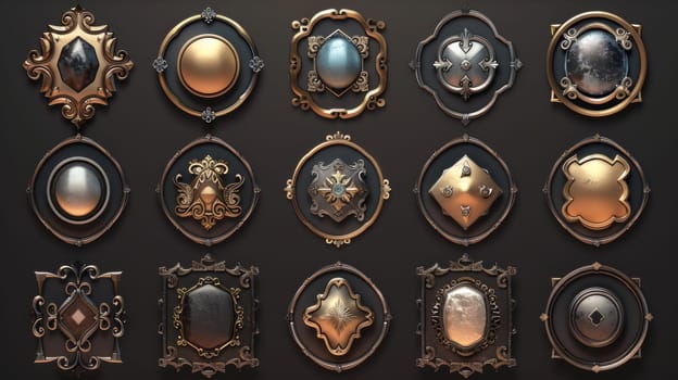 Sprite sheet with set of art deco buttons isolated on black background. Illustration of luxurious ui frames in bronze, gold, silver metal with sophisticated decoration.
