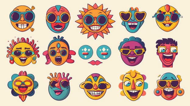 Cute retro hippie illustration of 70s groovy comic faces. Retro groovy hippie illustration with cartoon character faces, leg, and hand in different emotions.