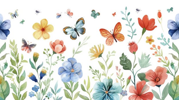 Background modern illustration of spring floral art. Watercolor hand-painted botanical flower, leaves, insects, butterflies. Suitable for wallpaper, posters, banners, cards, print, web, and