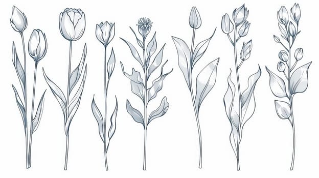 Set of botanical modern elements. A collection of foliage, eucalyptus leaves, tulips, and branches. Minimal style blossom illustration design for logo, wedding, invitation, and décor.