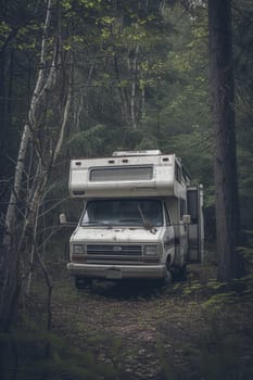 Camping in the forest of the motorhome . Holidays in a camper van.