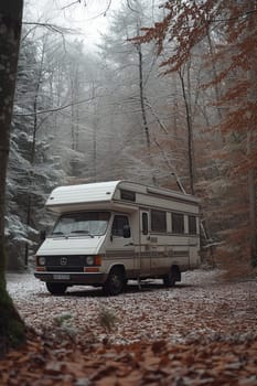 Camping in the forest of the motorhome . Holidays in a camper van.