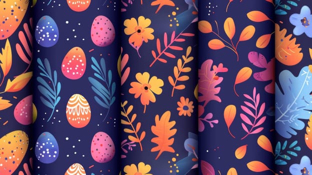 This seamless pattern features a colorful easter egg, flower, foliage. It is useful for fabric patterns, wallpaper, covers, packaging, designs for kids, or ads for Easter.