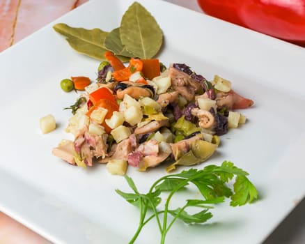 A well-presented octopus salad with diced vegetables garnished with parsley on a white plate, typical food, typical mediterranean mallorcan cuisine typical from balearic islands mallorca, spain,