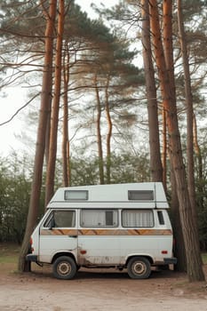 Camping in the forest of the motorhome . Holidays in a camper van.