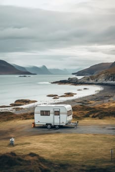 Camping near the lake in a motorhome . Camping in a camper van.