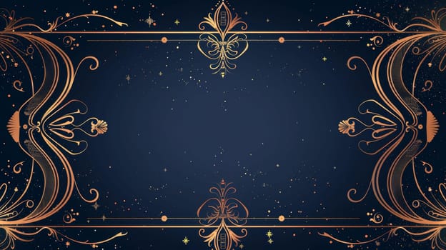 Wedding invitation card modern with elegant art nouveau classic antique design, gold gradient line, frame on blue background. Illustration for gala, grand opening, art deco event.