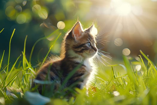 Cute little kitten sitting in the green grass in the sun.