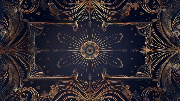 Modern illustration of elegant art nouveau classic antique design with gold gradient and frame on dark background. Ideal for galas, grand openings, etc.