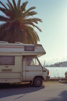 Camping in the forest of the motorhome . Holidays in a camper van.