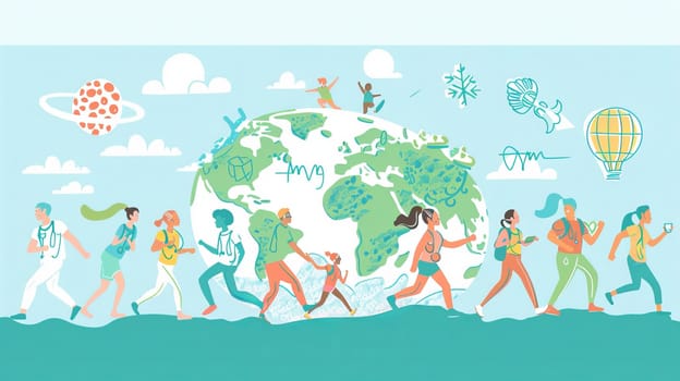 The concept of World Health Day, 7 April, backgrounds modern. Hand drawn comic doodle style of people working out, exercising, planet earth, and stethoscope. For web, banner, campaigns, and social