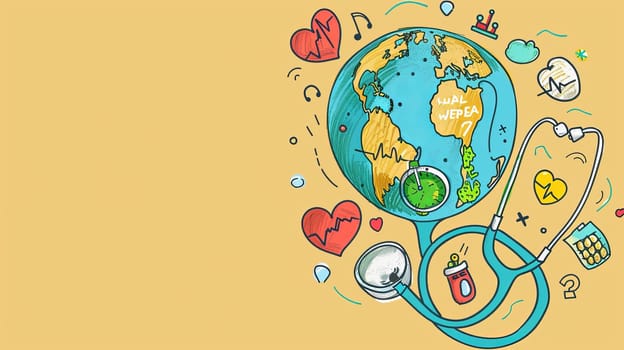 An earth, heart, stethoscope, hand drawn comic doodle concept for World Health Day. Use in web, banner, campaign, social media posts.