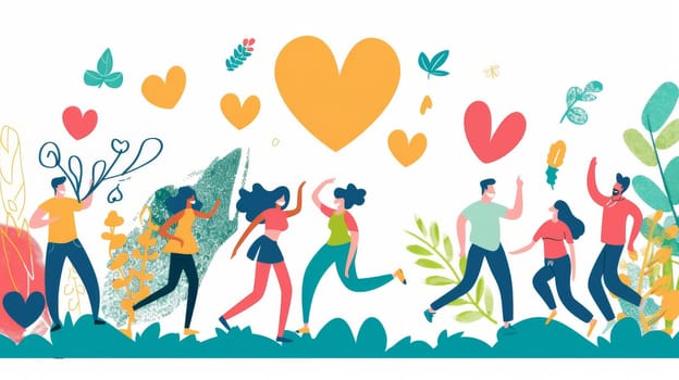 Modern illustration of people exercising, leaves, hearts. Designed as a banner, campaign, web, or social media post for World Health Day on 7 April.