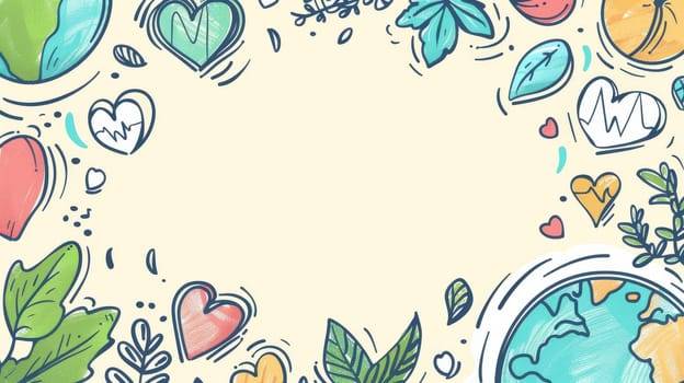 The World Health Day concept, 7 April, background modern. Hand drawn comic doodle style of earth, leaves, and heart. Use for a website, banner, campaign, or social media post.