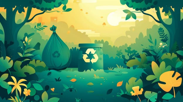 A groovy style environment day background modern with Earth, recycle symbol, garbage bag, trees. Ideal for web, banners, campaigns, and social media.