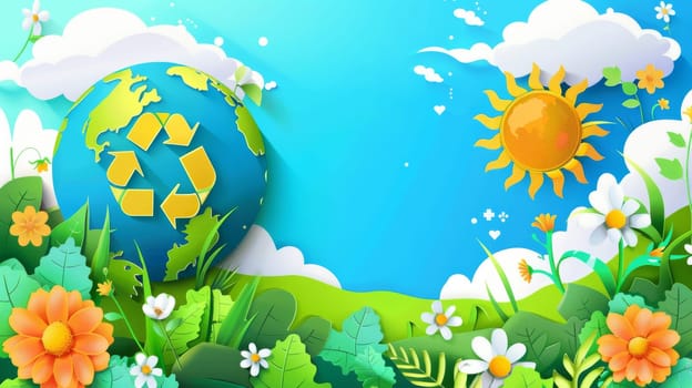 The Earth Day concept background modern with earth symbol, globe, recycle symbol, sun, flower, cloud. Suitable for web, banner, campaign, social media post.