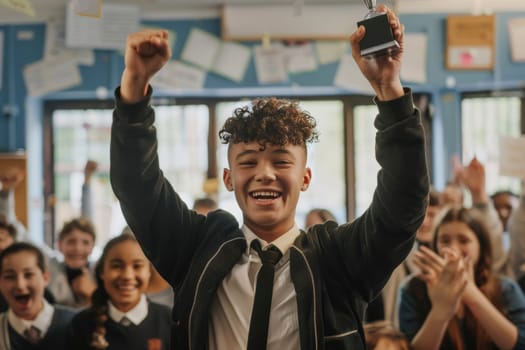 A young teenager radiates joy as they celebrate an academic victory, trophy in hand, among cheering classmates. The scene is vibrant with the energy of youthful achievement