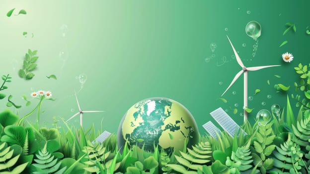 Conceptual background modern depicting Earth Day, the globe, recycling symbol, windmill, solar cell and environmental friendly graphics for a banner, campaign, post, website, and social media. Save
