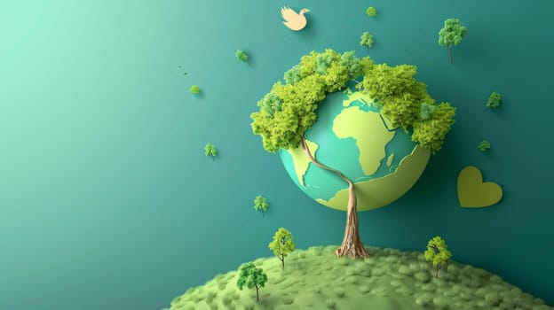 Modern background image for World Environment Day. Save the Earth, Globe, Heart, Tree. Eco-friendly illustration for web, banner, campaign, social media.