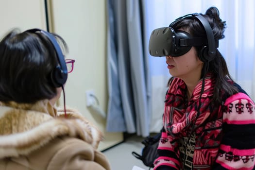 A group of language learners engage in a virtual reality environment to practice conversational skills. The VR headsets provide an immersive experience that simulates real-life interactions