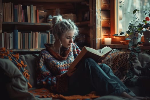 A young woman absorbed in a book by the window, the tranquility of a winter day enhancing her reading experience. The scene embodies the quiet pleasure of literary escape