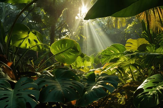 Beautiful view of a tropical forest with sun rays.