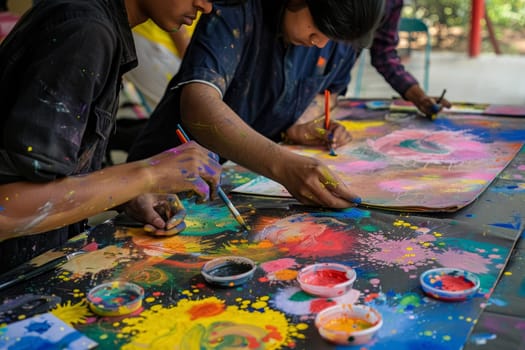 Hand submerged in paint at an art workshop, a vibrant scene of creativity and color inspired by Holi. This workshop encourages artistic exploration and communal artistry