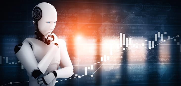 XAI 3d illustration Thinking AI humanoid robot analyzing stock market exchange trading by using artificial intelligence and machine learning process for the 4th industrial revolution. 3D illustration.