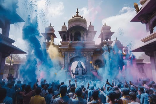 Devotees celebrate Holi with a blast of blue powder in front of an ornate temple, a scene steeped in devotion and vibrant festivity. The dynamic hues of blue create a mesmerizing cloud, highlighting the spiritual joy of the occasion